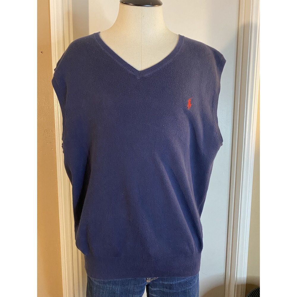 Men's Polo by Ralph Lauren Pima Cotton Sweater Vest Blue/Orange Logo - Size L
